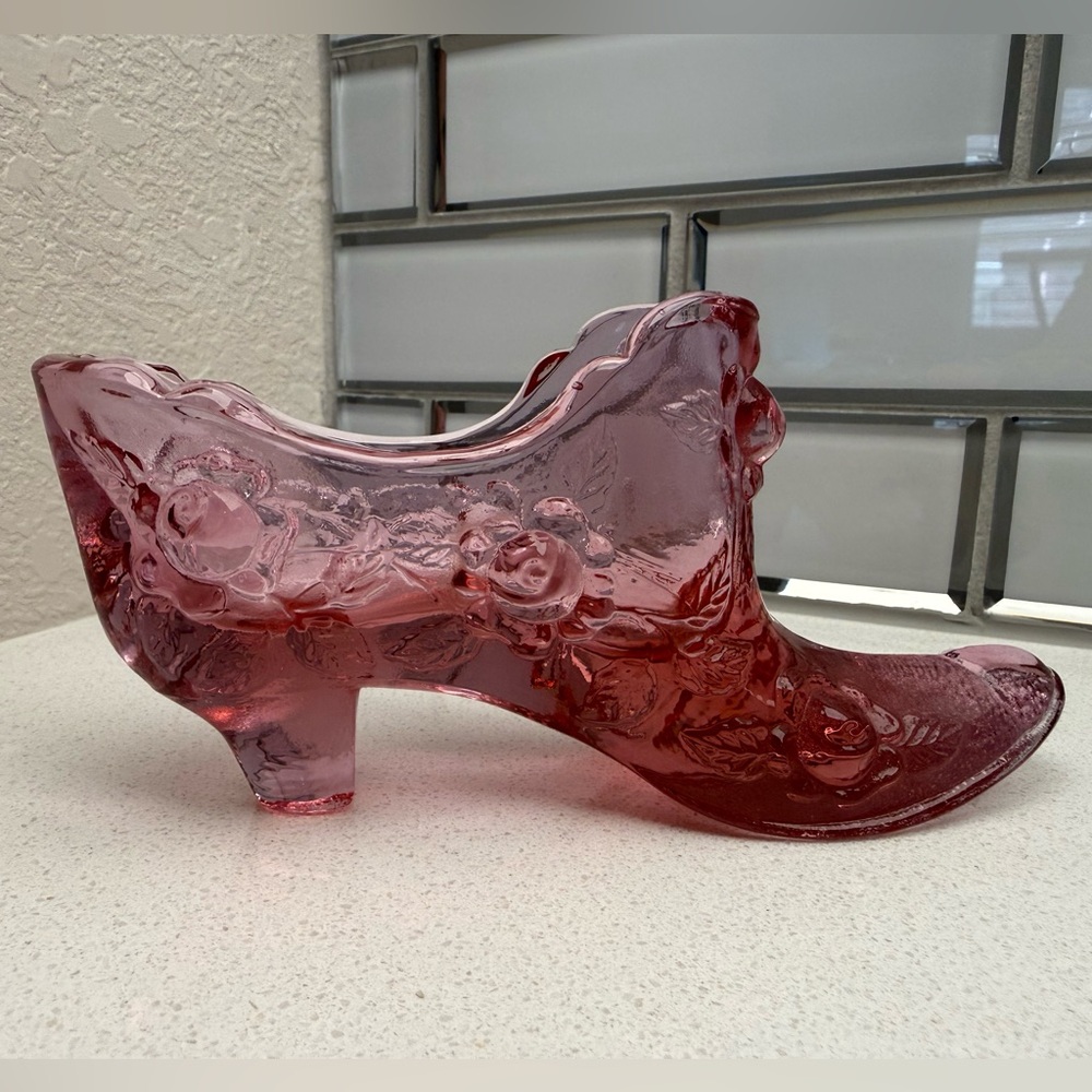 Vintage Fenton Pink Glass Slipper Cabbage Rose Shoe Boot MCM Mid-Century Modern - Picture 5 of 15